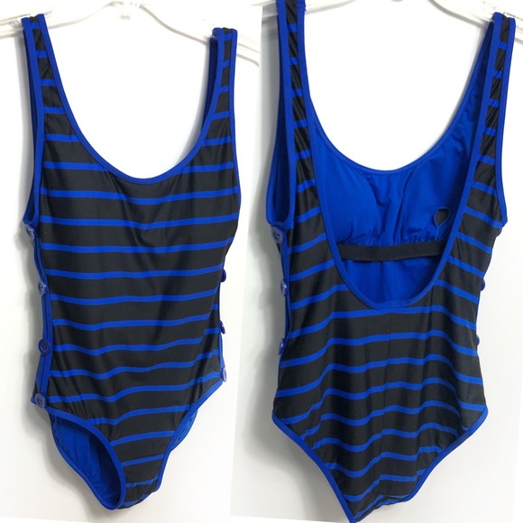 DKNY MAILLOT SWIM SUIT D25296 
one piece black blue stripe button sides - Picture 4 of 17